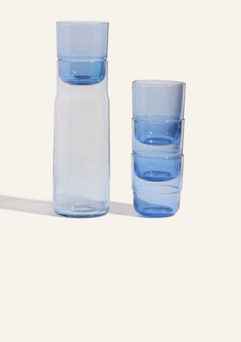 Blue Short Night + Day Glasses stacked in a blue Night + Day Carafe