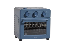 Blue countertop air fryer oven with three control knobs and a glass viewing window.
