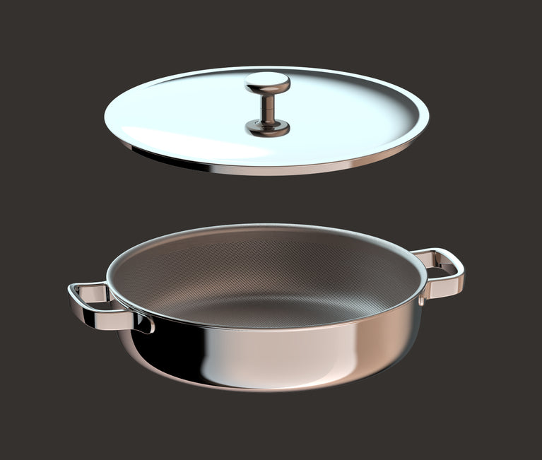A shiny stainless steel pot with two handles and a matching lid is shown against a dark background. The lid is hovering above the pot.