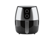 Silver and black air fryer with two control dials on the front.