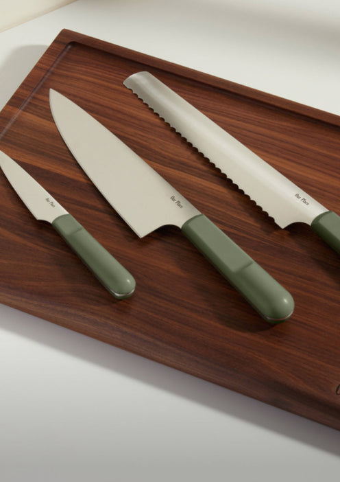 green everyday chefs knife serrated slicing knife perfect paring knife and walnut cutting board