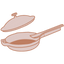 Illustration of a frying pan with a lid slightly lifted and a spatula resting inside the pan.