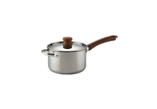 Stainless steel saucepan with a lid and a long brown handle, shown on a plain white background.