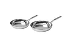 Two stainless steel frying pans of different sizes with metal handles, placed side by side on a white background.