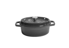 A black, round cast iron Dutch oven with a lid and two side handles is shown against a plain white background.
