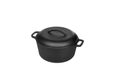 Black cast iron Dutch oven with a lid and two side handles, set against a plain white background.
