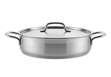Stainless steel casserole dish with a lid and two side handles, shown against a plain light background.