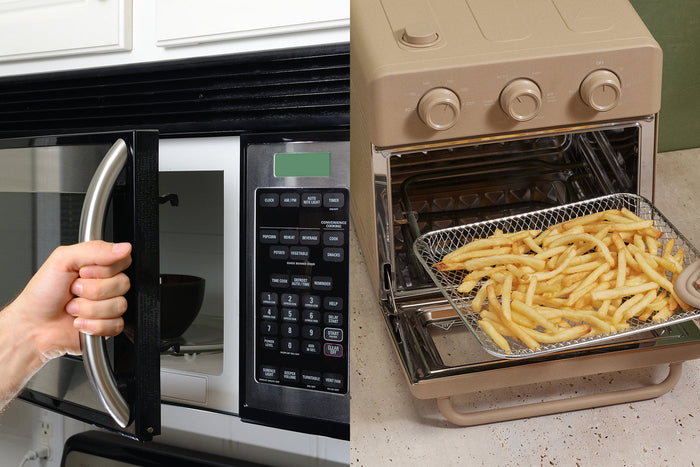 Split image of a microwave and a countertop oven