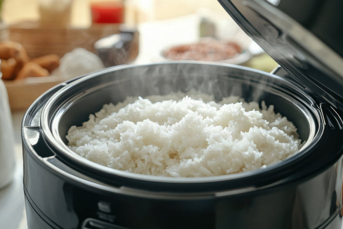 An open rice cooker with rice inside