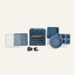 Blue oven and accessories on a white background