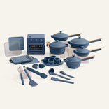 Set of blue cookware on a white background