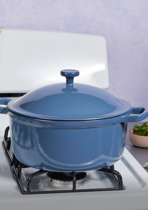 blue cast iron perfect pot on stovetop