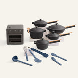 A gray oven, a set of black cookware, and a set of blue cooking utensils on a white background