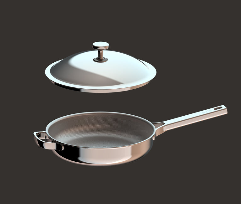 Stainless steel frying pan and matching lid shown separately against a dark background.