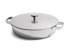 Stainless steel casserole dish with a lid and two handles, displayed against a plain white background.
