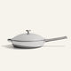 A silver Titanium Always Pan Pro 32 cm frying pan with a matching lid, side handle, and long handle.
