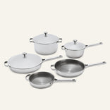 A five-piece Titanium Pro Cookware Set+ 2.0 featuring two lidded pots, a large lidded pan, and two open frying pans in stainless steel.