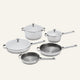 A five-piece Titanium Pro Cookware Set+ 2.0 featuring two lidded pots, a large lidded pan, and two open frying pans in stainless steel.