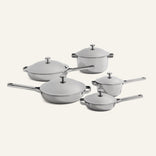 The Titanium Pro Cookware Set+ includes five stainless steel pots and pans with lids: two saucepans, two frying pans, and one stock pot, all displayed on a plain background.
