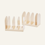 Two Universal Storage beige plastic organizers with five vertical slots each, ideal for cookware storage and kitchen organization, side by side on a plain background.