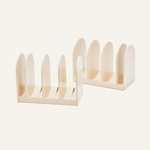 Two Universal Storage beige plastic organizers with five vertical slots each, ideal for cookware storage and kitchen organization, side by side on a plain background.