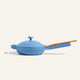The Ceramic Nonstick Always Pan 20 cm, featuring a multifunctional design, a blue lid, and a wooden handle, is displayed against a plain, light background.