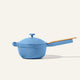 The Ceramic Nonstick Perfect Pot 2.5 L in blue, featuring a lid and a wooden handle, is displayed against a plain, light background.