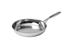 A stainless steel frying pan with a long handle, shown on a white background.