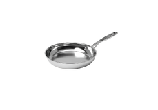 A stainless steel frying pan with a long handle is shown against a plain white background.