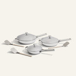 chrome titanium large always pan pro, always pan pro and mini always pan pro with stainless steel spatulas