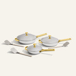 gold titanium large always pan pro, always pan pro and mini always pan pro with stainless steel spatulas