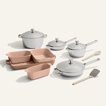 chrome titanium perfect pot pro, mini perfect pot pro, mini always pan pro, always pan pro and pink bakeware set with silicone spoon and stainless steel spatula