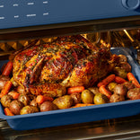 A roasted chicken surrounded by potatoes and carrots in a baking dish inside an oven.