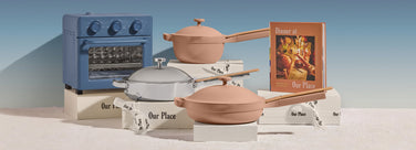Shop Our Place Founder Shiza's favorite pieces - wonder oven, mini perfect pot, titanium always pan pro, always pan, and dinner at our place cookbook