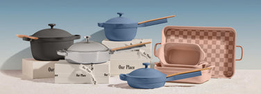 Shop Gifts over $200 - Ultimate Cookware Set Pro, includes perfect pot, mini perfect pot, titanium always pan pro, mini always pan, bakeware set and griddle pan