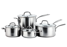 A set of four stainless steel pots and pans with lids, displayed on a white background.