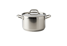 Stainless steel pot with handles and a lid, placed on a plain white background.