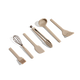 A set of six beige kitchen utensils including a whisk, spatula, tongs, ladle, turner, and basting brush.