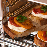 Three slices of toasted bread topped with sliced tomatoes, cheese, and basil on a toaster oven rack.